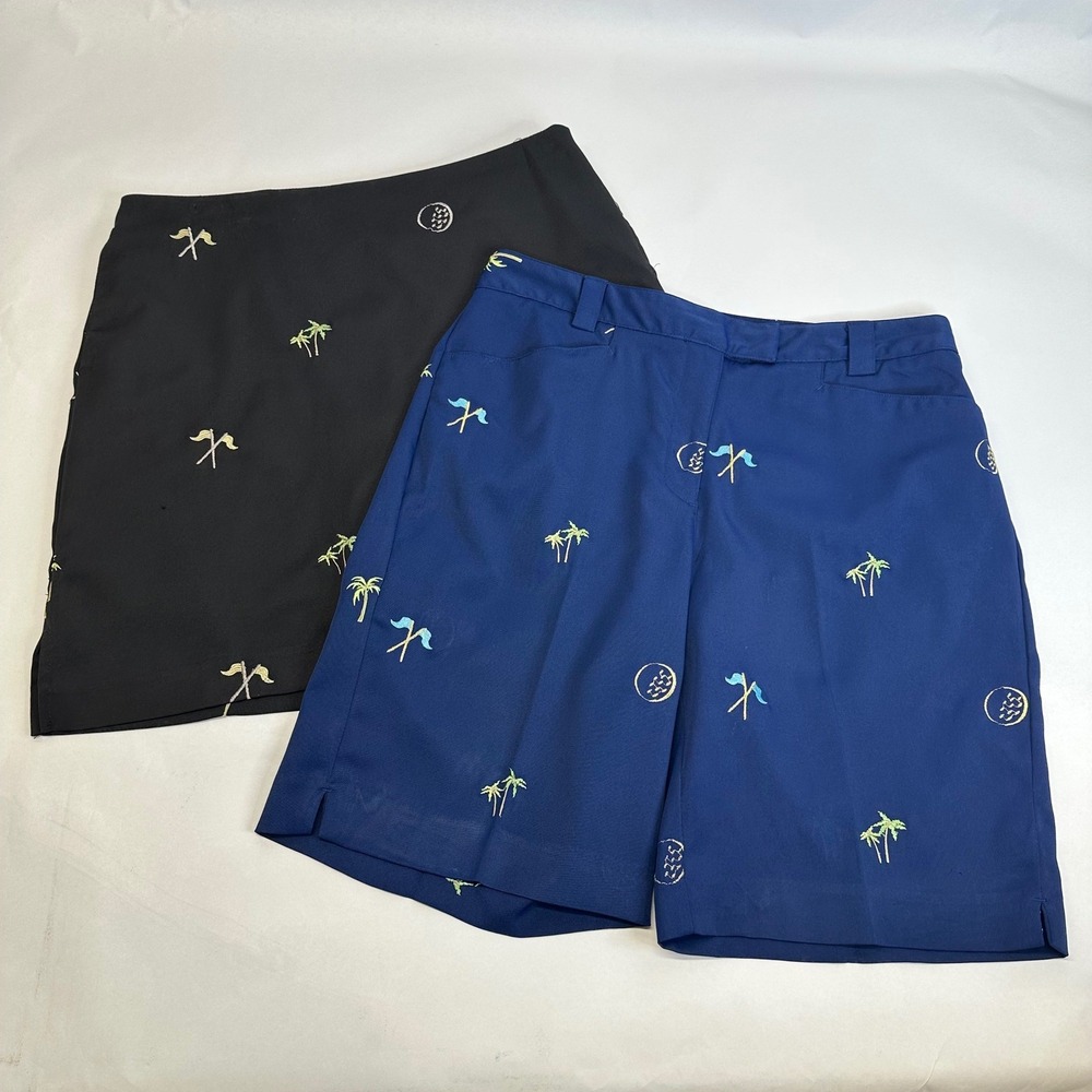 2 Coral Bay Golf Shorts & Skort Size 8 Navy‎ Black Embroidered Palm Tree Golf